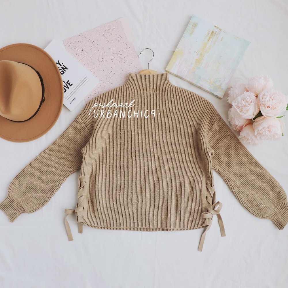 MAX STUDIO Mock Neck Puff Sleeve Sweater Tan size S